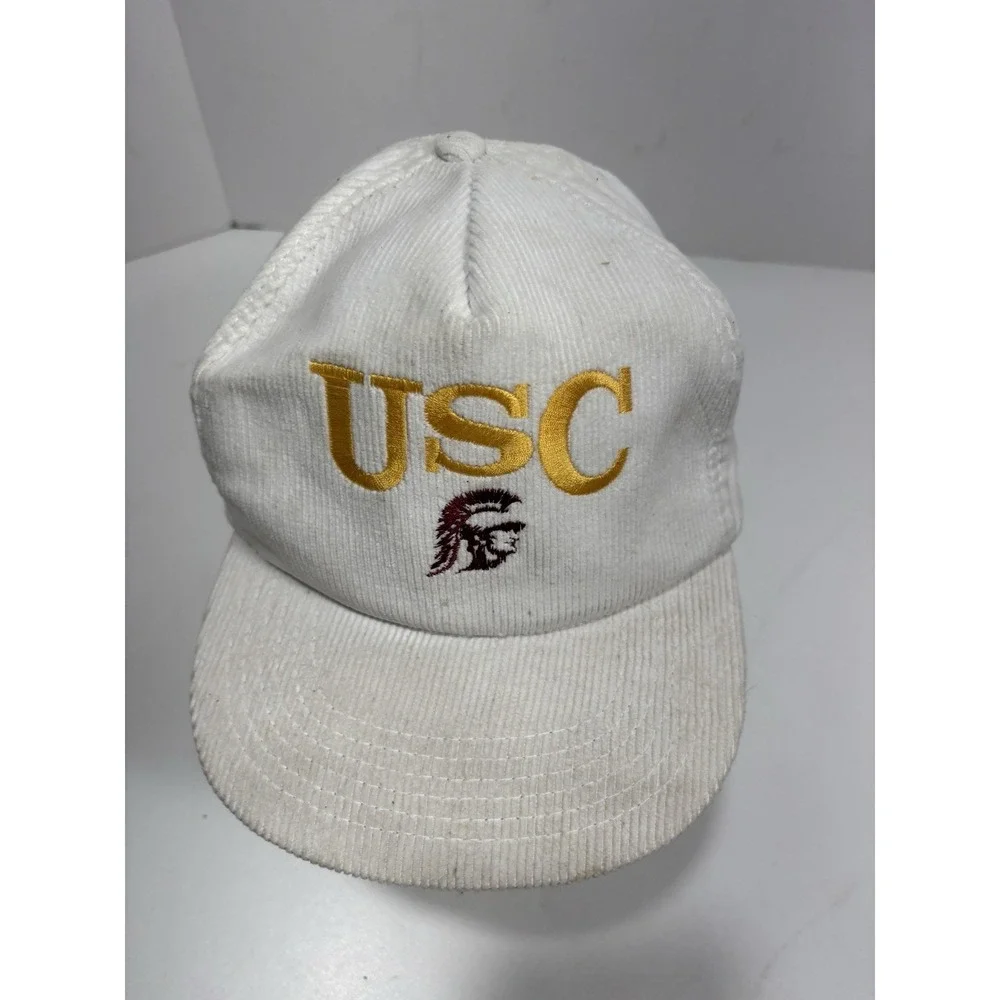 VINTAGE USC TROJANS FOOTBALL SNAPBACK HAT CAP White CORDUROY‎